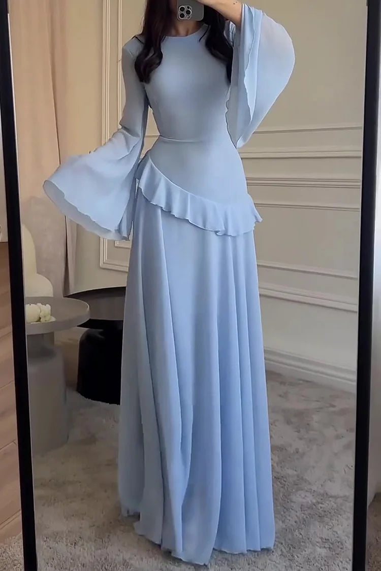 Round Neck Flare Sleeve Ruffled Solid Color Maxi Dresses