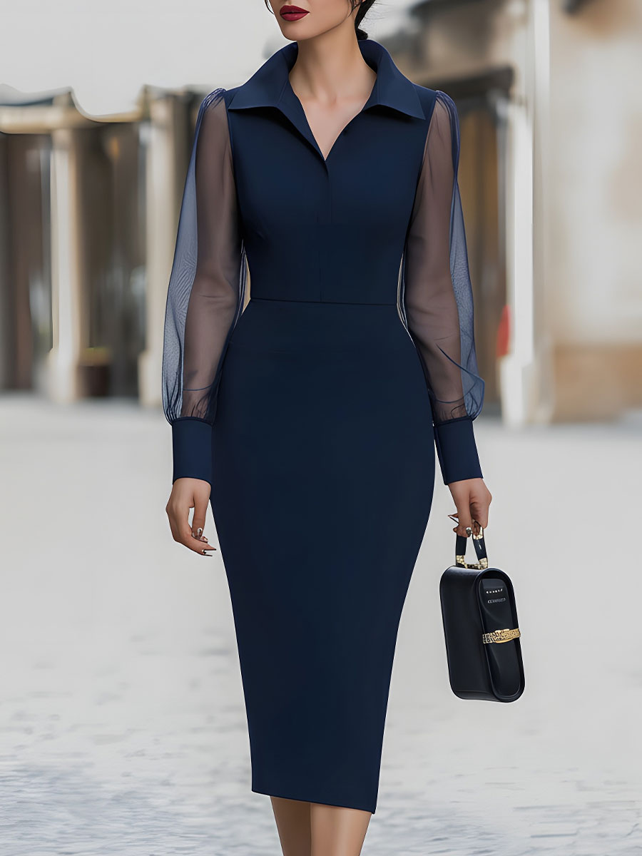 Navy Sheer-Sleeve Shirt Collar Bodycon Dress
