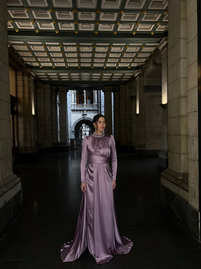 Violet Beaded Neckline Long Sleeves Ruched A-Line Evening Gown