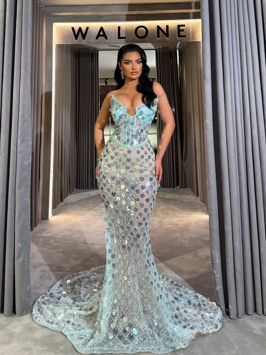 Long dress with crystal mesh overlay and structured corset bodice