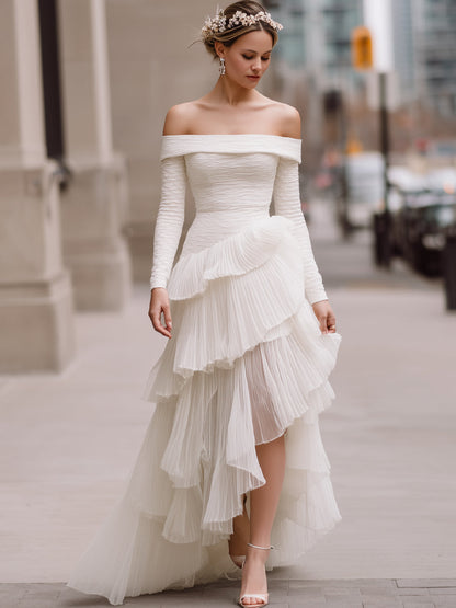 Off-Shoulder Pleated Layered White Gown