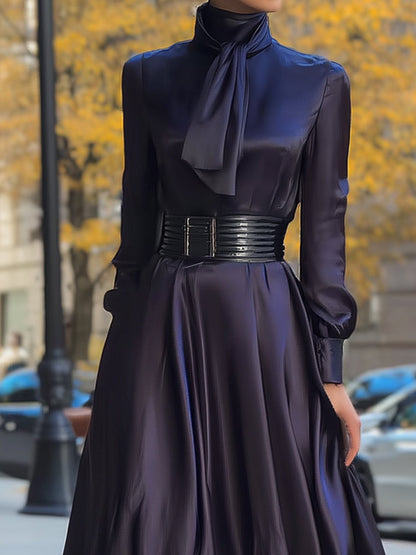 Navy Blue Satin High Neck Long Sleeve Maxi Dress