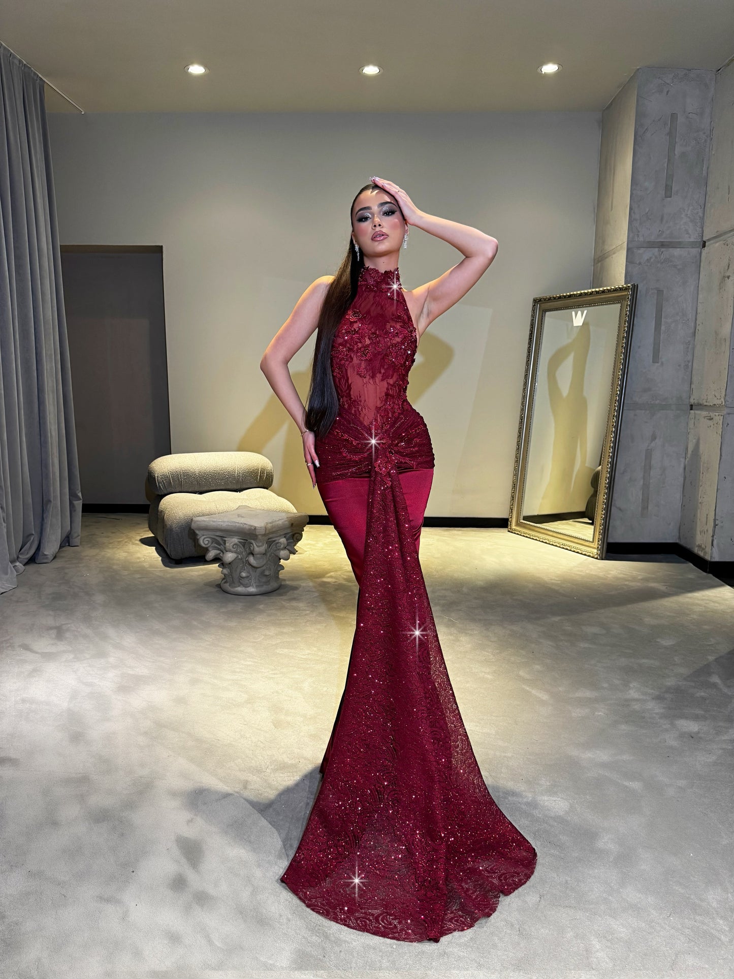 Burgundy Halter Sleeveless Ruched Sheath Evening Dress