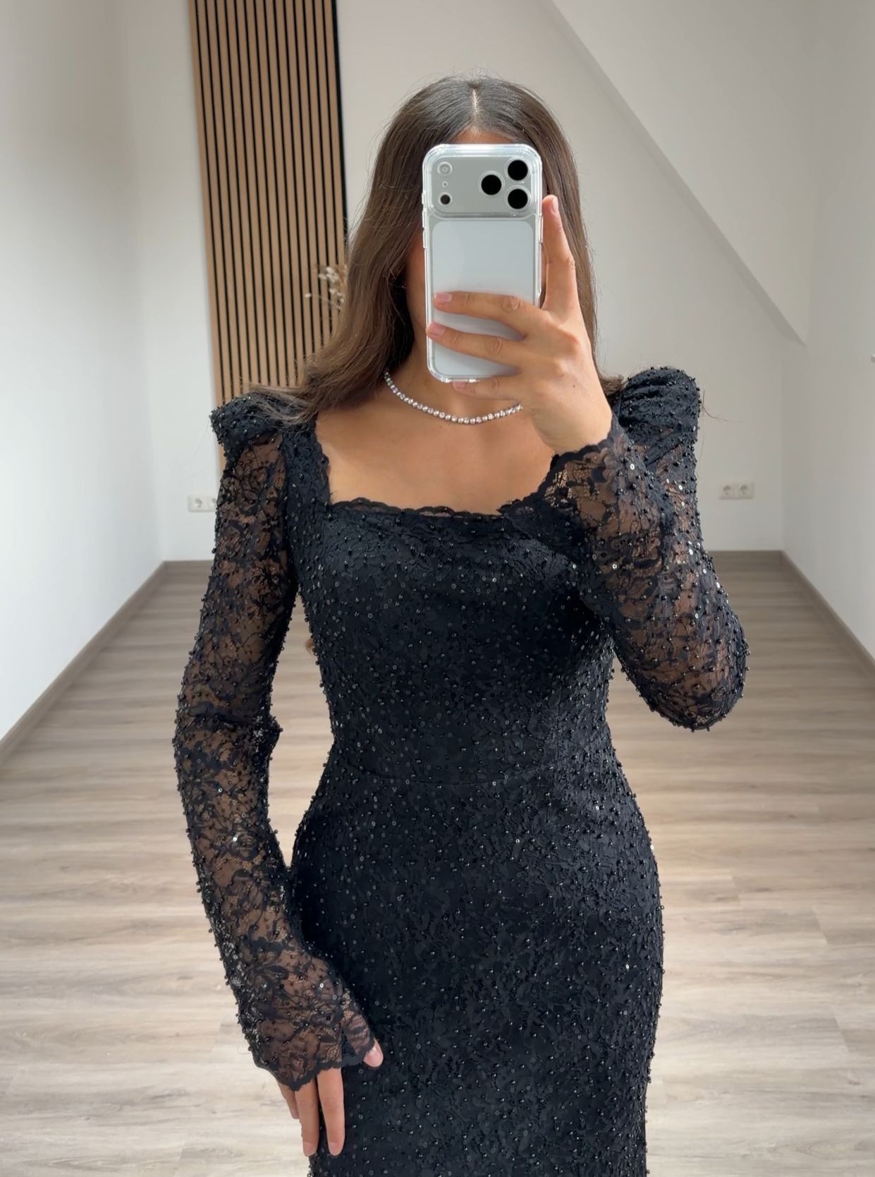 Long Sleeves High Neck Pearls Ruched Evening Dress