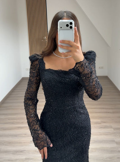 Long Sleeves High Neck Pearls Ruched Evening Dress