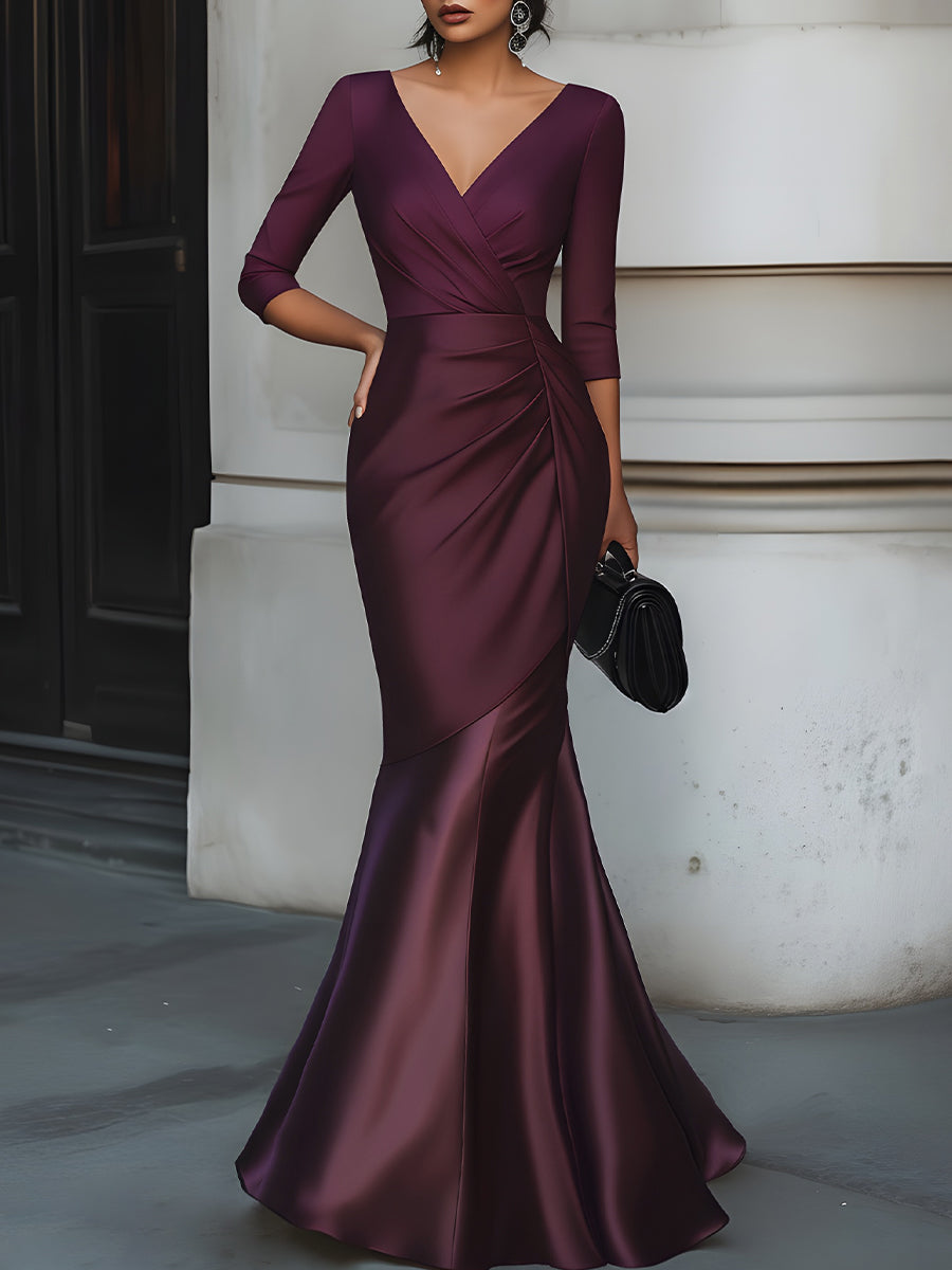 V-Neck Satin Draped Mermaid Evening Dress