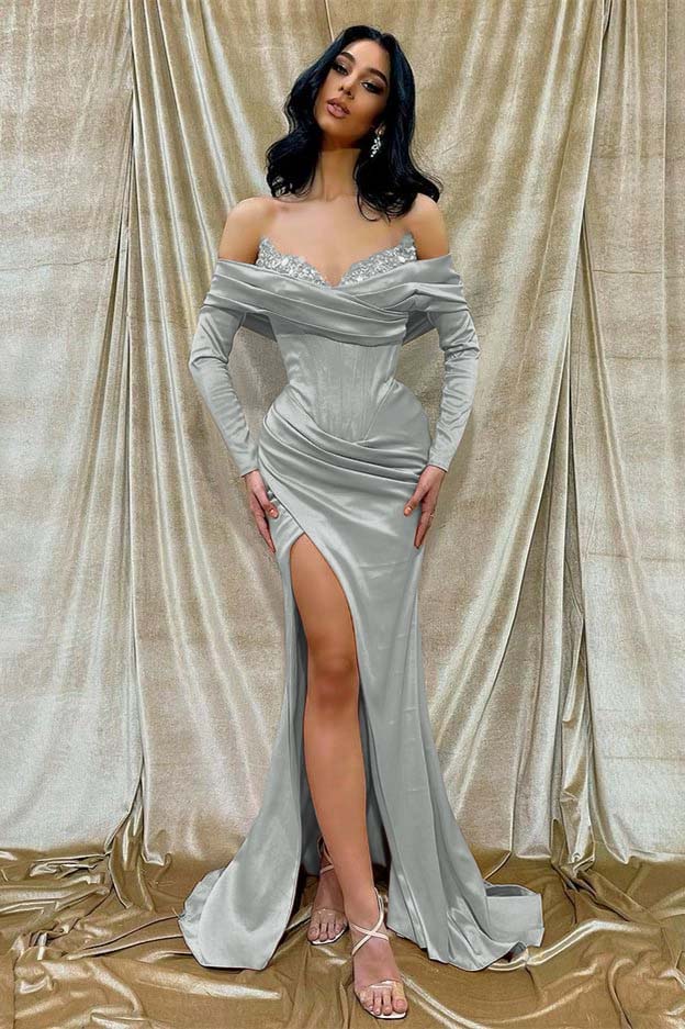 Off the Shoulder Long Sleeves Long Split Prom Dress With Beading