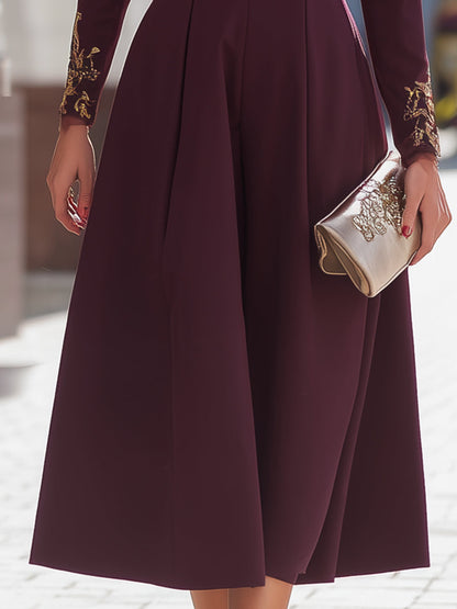 Embellished Burgundy Long-Sleeve Midi Dress