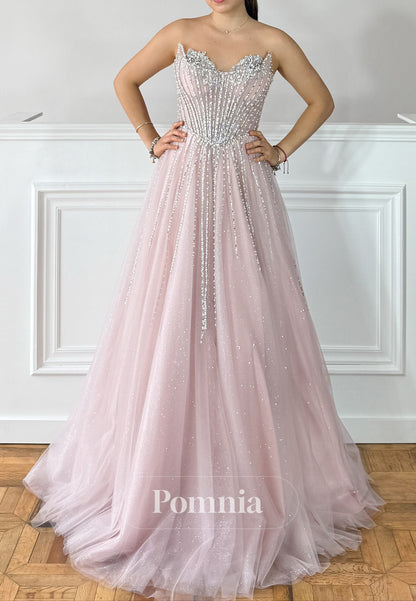 Blushing Pink Sleeveless Strapless Beads Lace Prom Dress