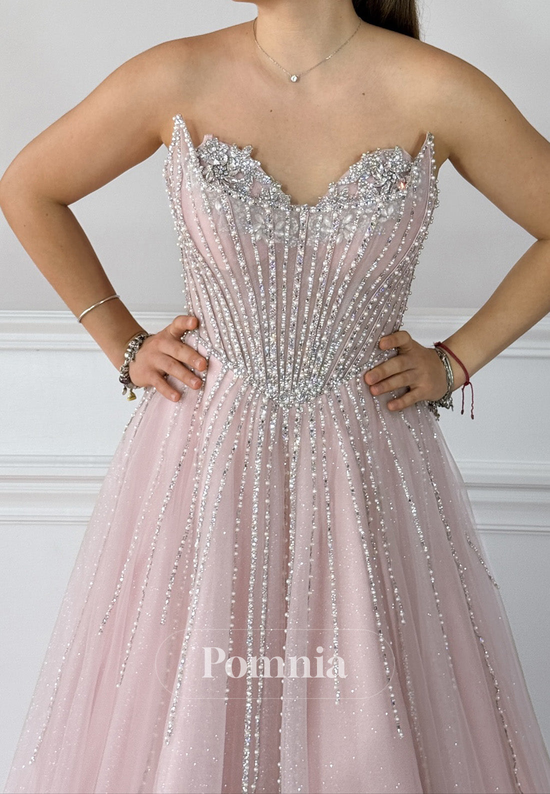 Blushing Pink Sleeveless Strapless Beads Lace Prom Dress