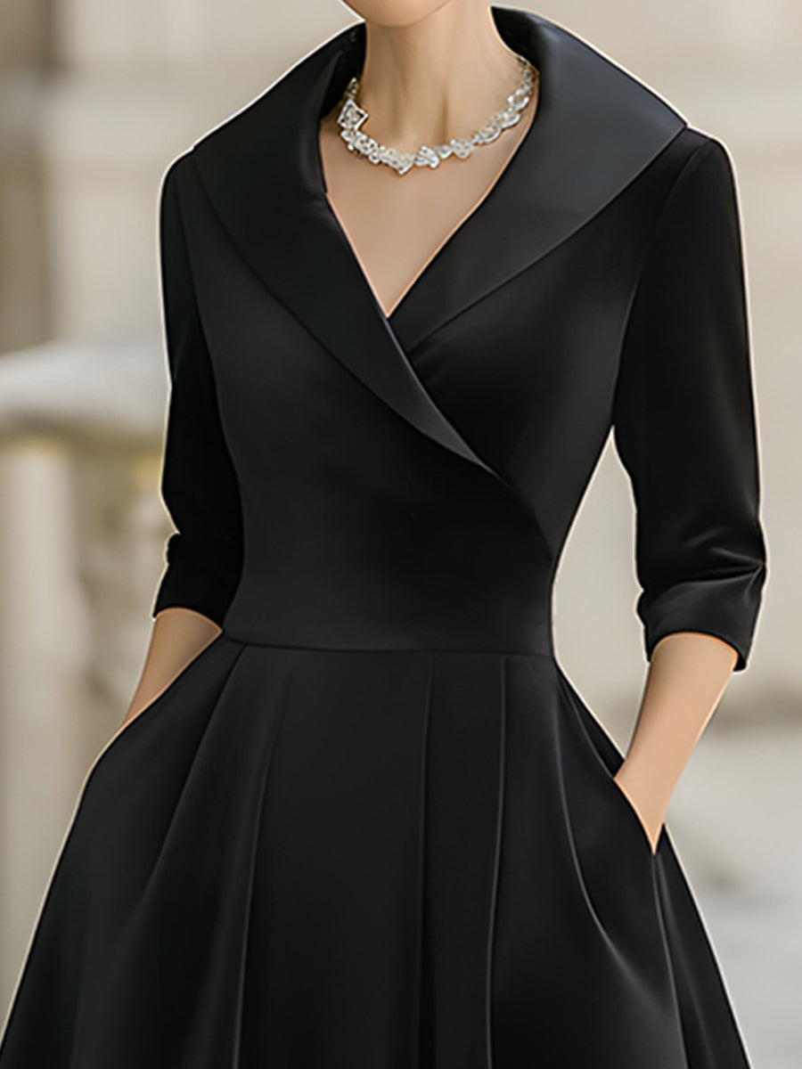 Elegant Velvet Midi Dress With Satin Lapel