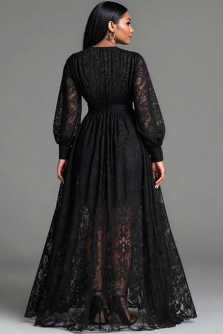 Black V Neck Long Sleeve Split Elegant See Through Lace Maxi Dresses