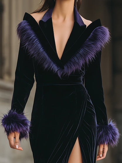 Elegant Black Velvet Faux Fur-Trim Evening Gown