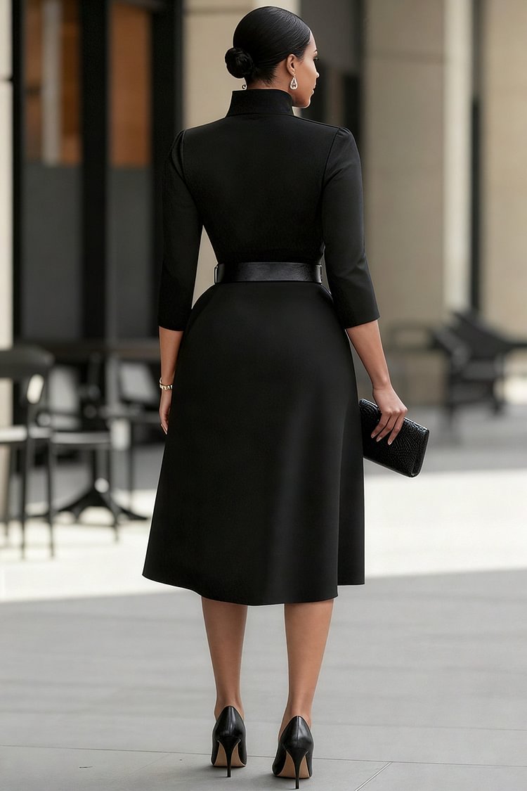 Casual Black Mock Neck 3/4 Sleeve Button Elegant Pocket Midi Dress