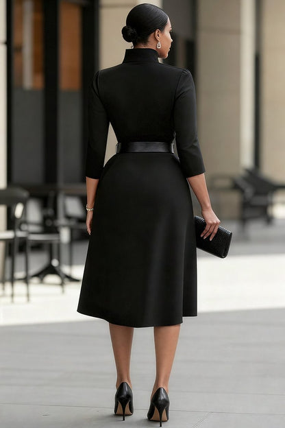 Casual Black Mock Neck 3/4 Sleeve Button Elegant Pocket Midi Dress