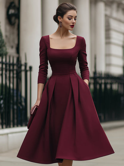 Elegant Square-Neck Plain A-Line Midi Dress