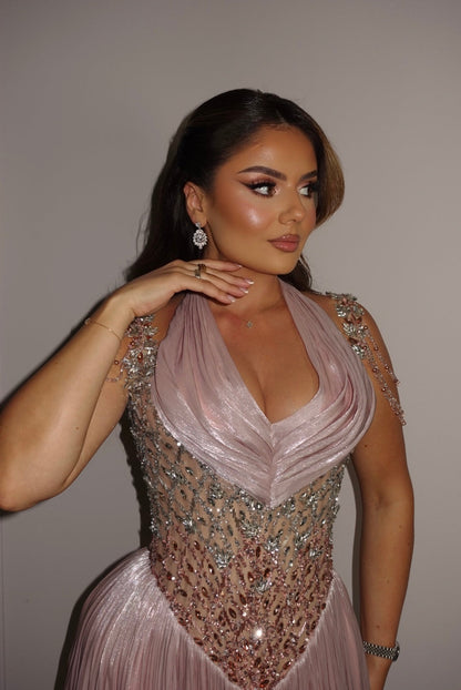 Blushing Pink Halter A-Line Embellished Flowing Dress