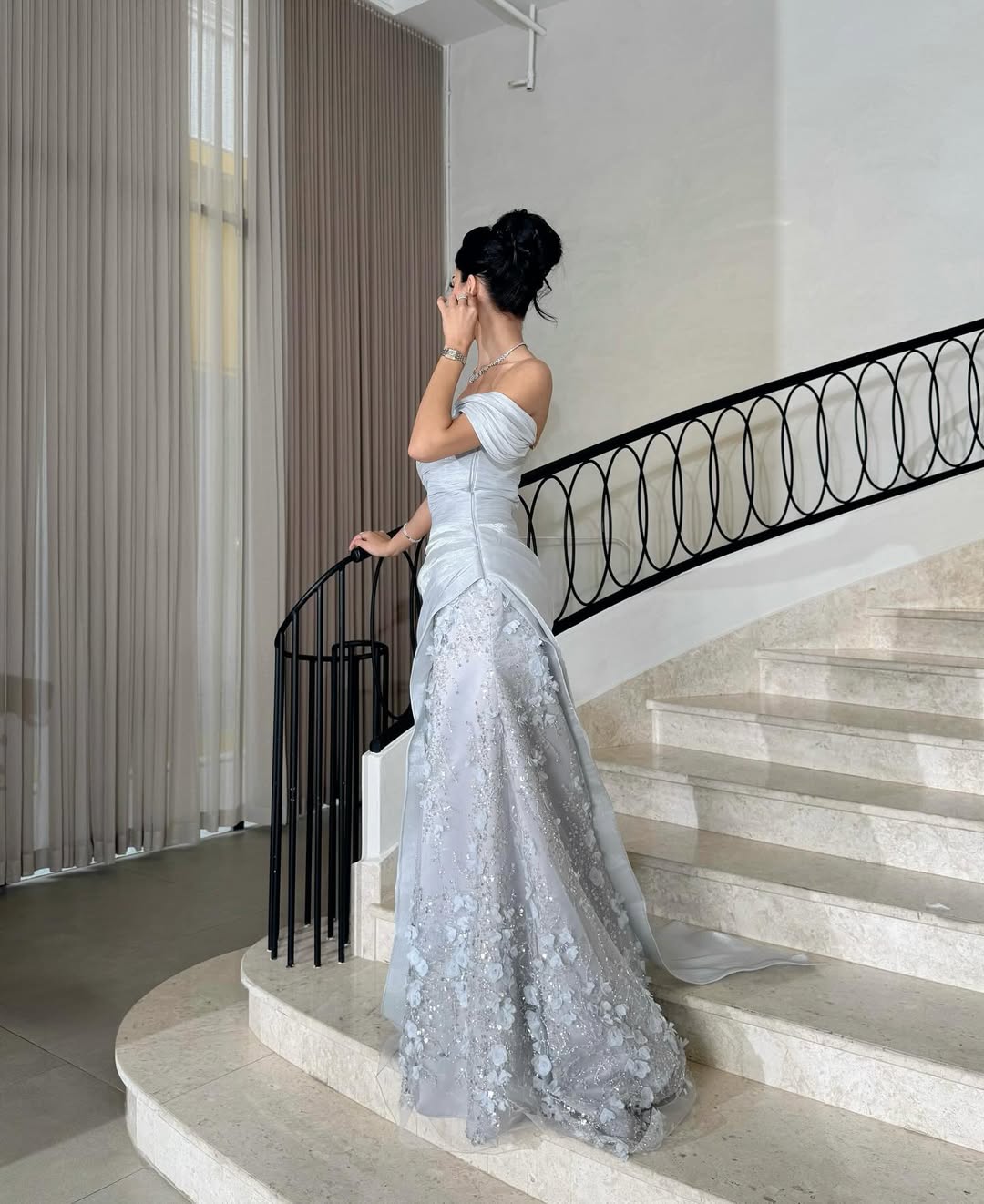 Appealing Blue Off-the-Shoulder Prom Dress Pleated with Applique