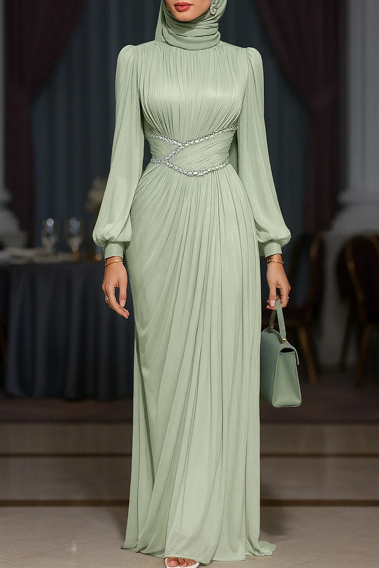 Pleated Diamond Decor Cinch Waist Party Maxi Dress