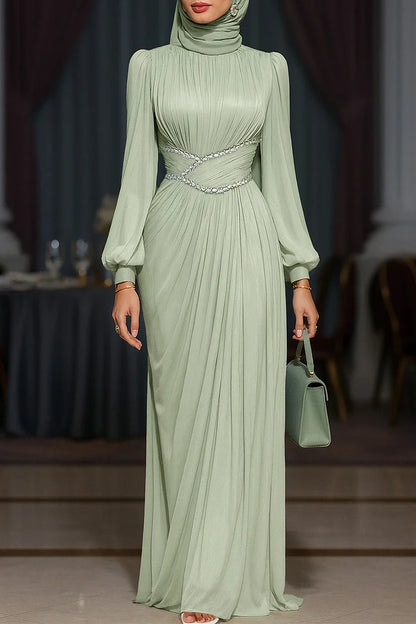 Pleated Diamond Decor Cinch Waist Party Maxi Dress