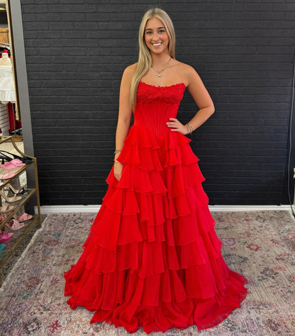 Women's A Line Chiffon Sweetheart Corset Prom Dresses Long