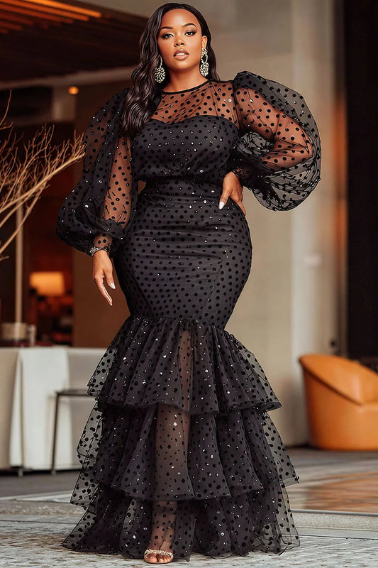 Black Round Neck Lantern Sleeve Long Sleeve Mermaid Vintage Maxi Dress