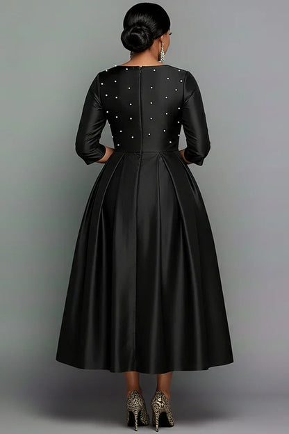 Scoop-Neck 3/4-Sleeves Plus Size Formal Gowns Pearls Satin Pleated A-Line Evening Dress