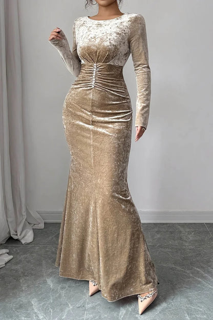 Pearl Decor Ruched Pleated Round Neck Long Sleeve Velvet Party Maxi Dress