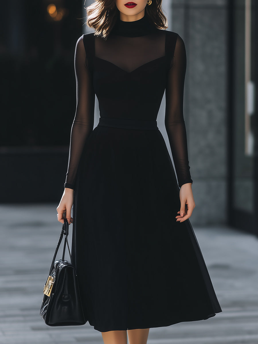 Sheer-Sleeve High-Neck A-Line Midi Dress