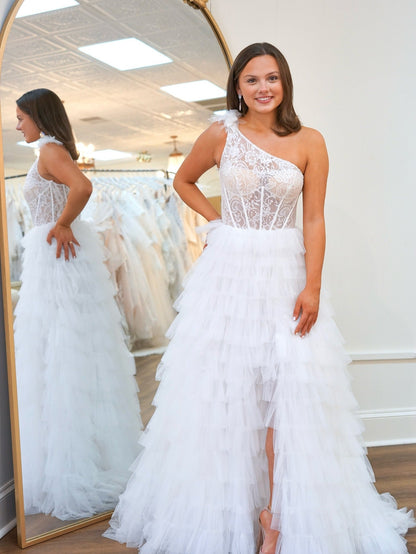 Women's One Shoulder Tulle Ruffled Prom Dresses