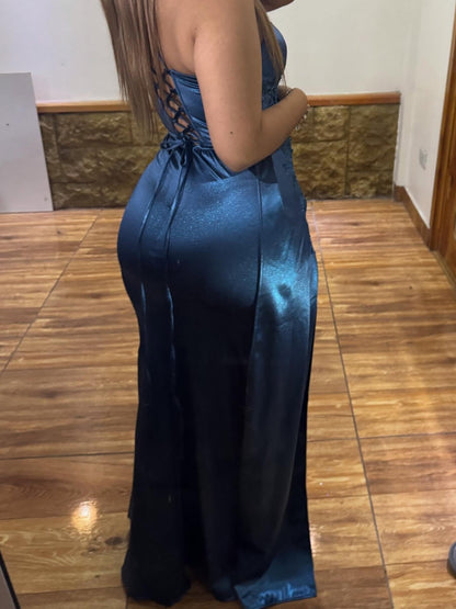 Mermaid Satin V Neck Prom Dresses Long Corset Lace Evening Party Gowns