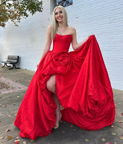 Women's A Line Satin Corset Long Prom Dresses Strapless Evening Gowns