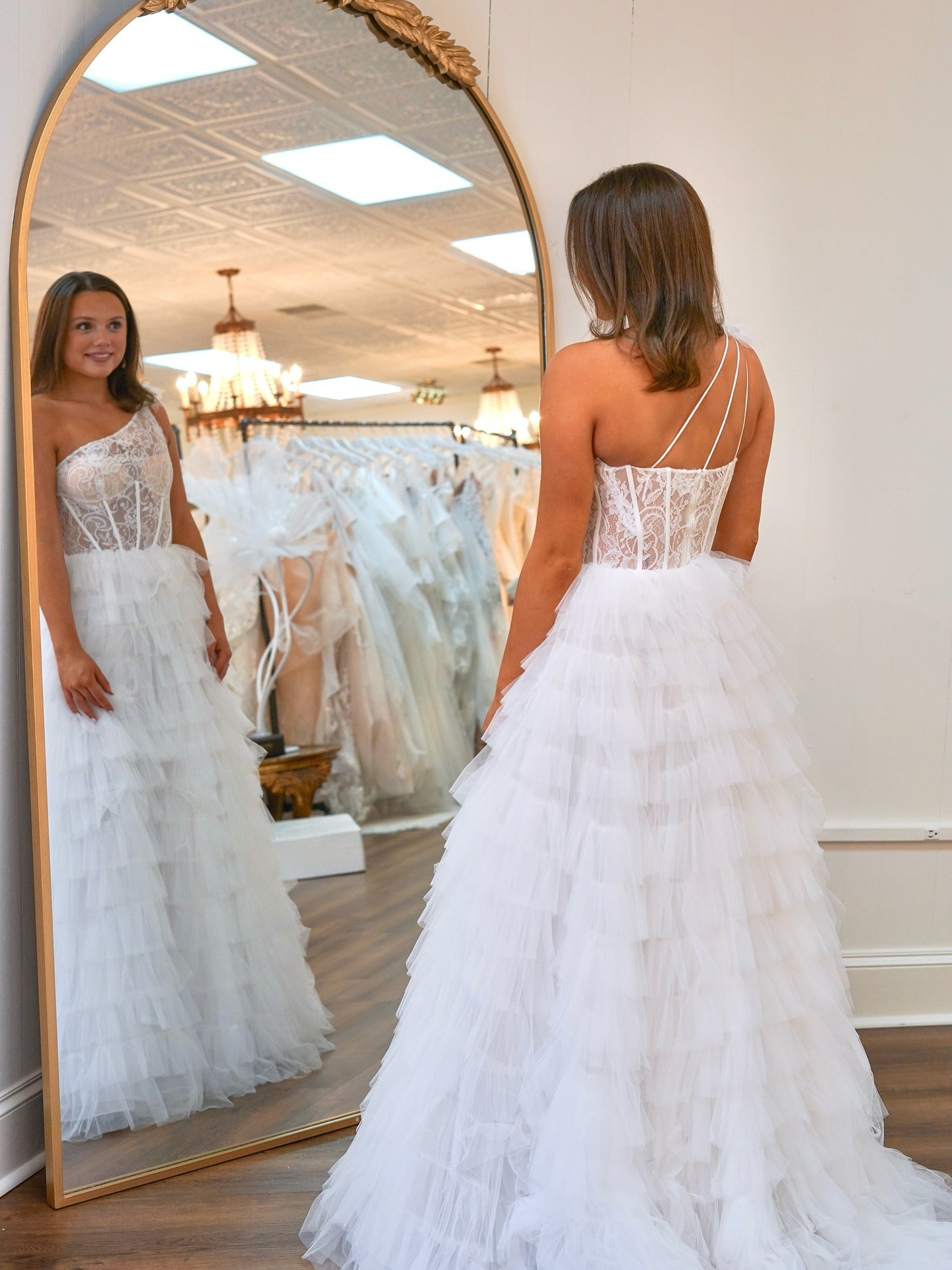 Women's One Shoulder Tulle Ruffled Prom Dresses