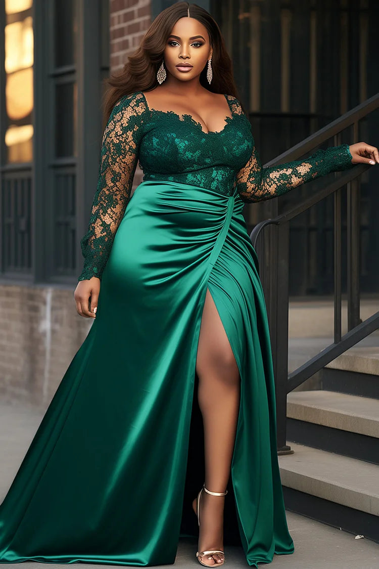 Formal Emerald Green Square Neck Long Sleeve Split See Through Lace Satin Maxi Dress