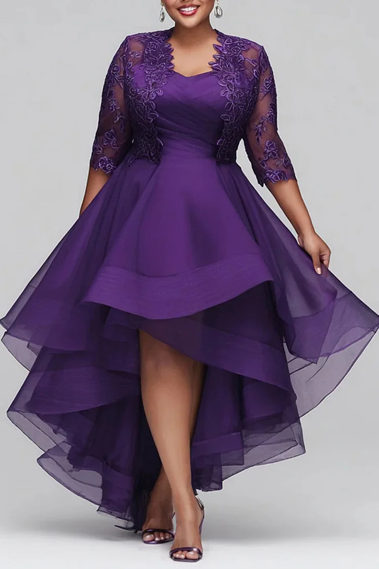 Mother Of The Bride Purple 3/4 Sleeve Asymmetric Hem Dress