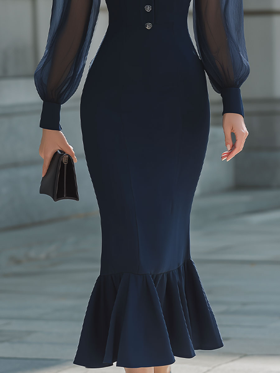 Chic & Classy: Button-Front Fitted Midi Dress With Flounce Hem