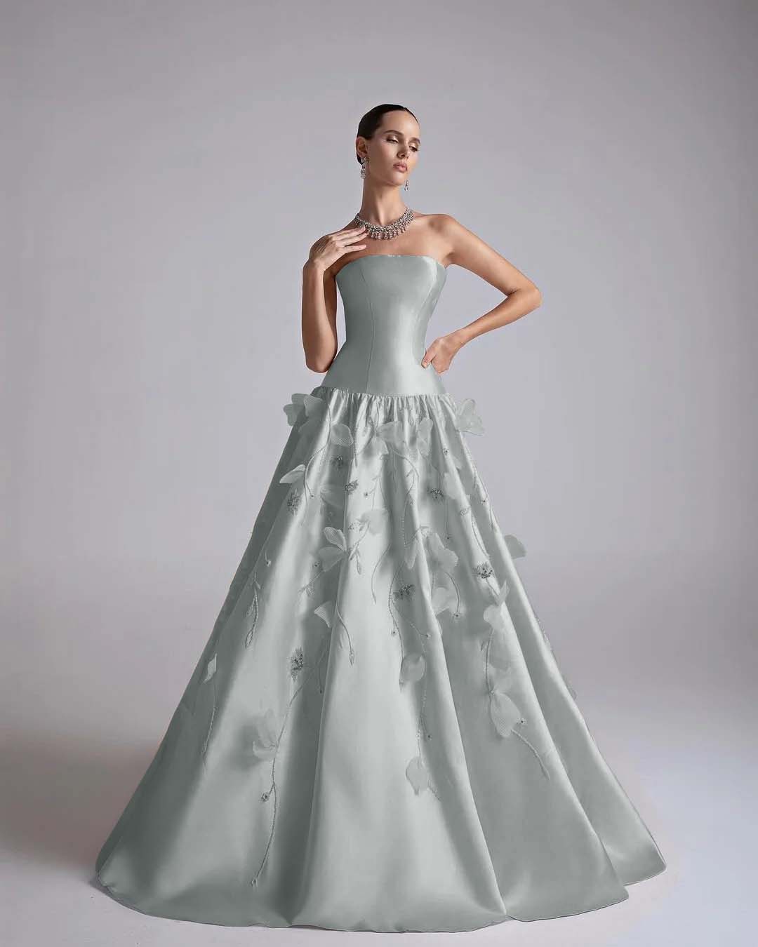 Strapless Sleeveless Long A-Line Prom Dress With Flower Appliqués And Beadings