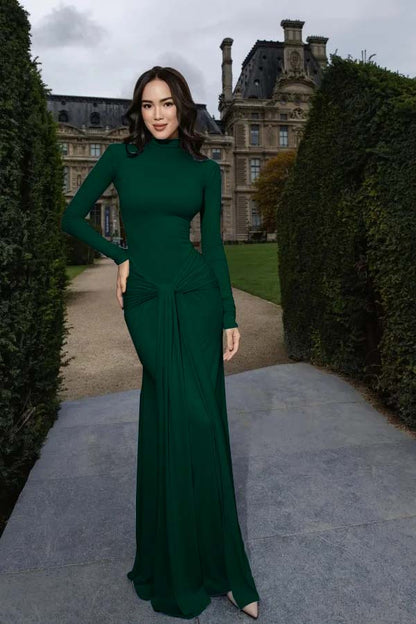 High-Neck Prom Dress Long Sleeves Pleated Floor Longth