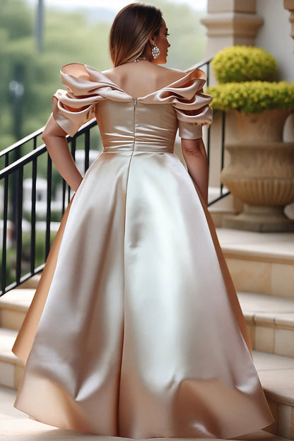 Formal Champagne V Neck Short Sleeve Peplum Satin Maxi Dress
