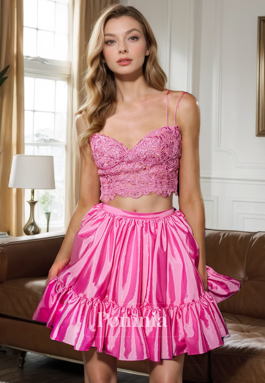 Two Piece A-Line Empire-Waist Sleeveelss Pleated Satin Short Homecoming Dress