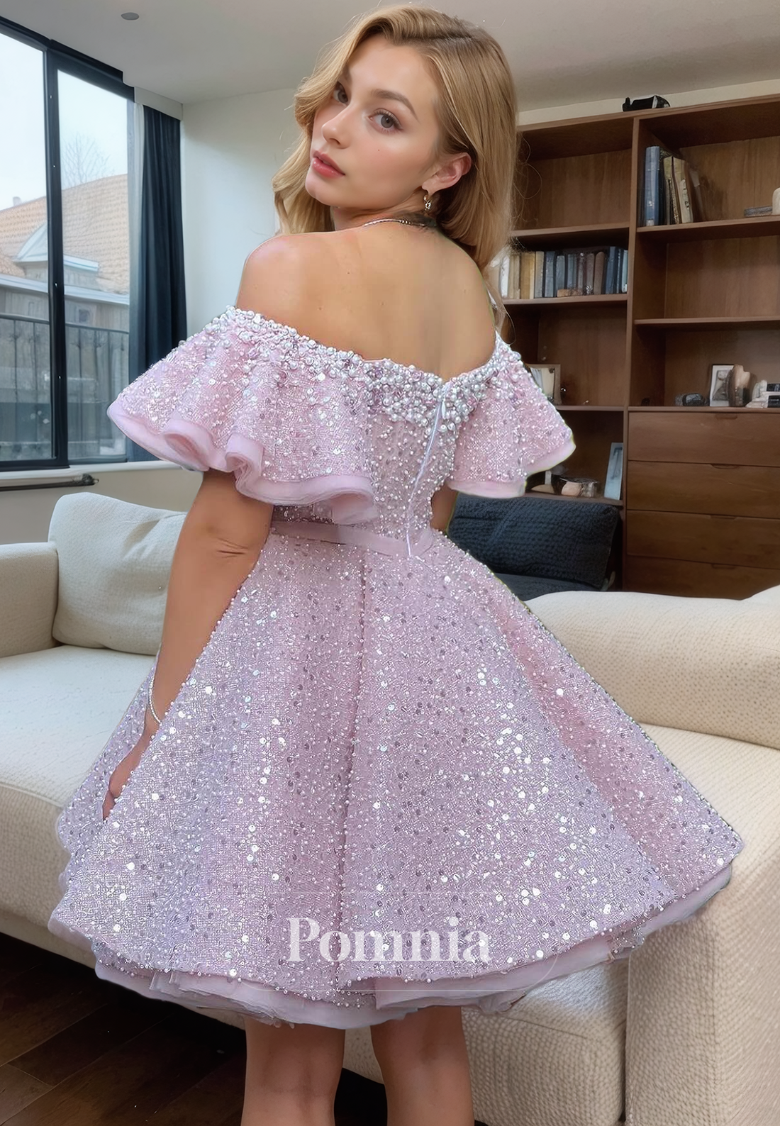 A-Line Off Shoulder Sleeves Beaded Pearls Tiered Short Homecoming Dress