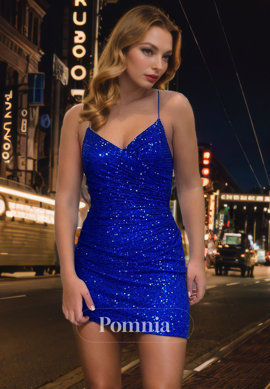 Spaghetti Straps V-Neck Sleeveless Sequined Short Homecoming Dress