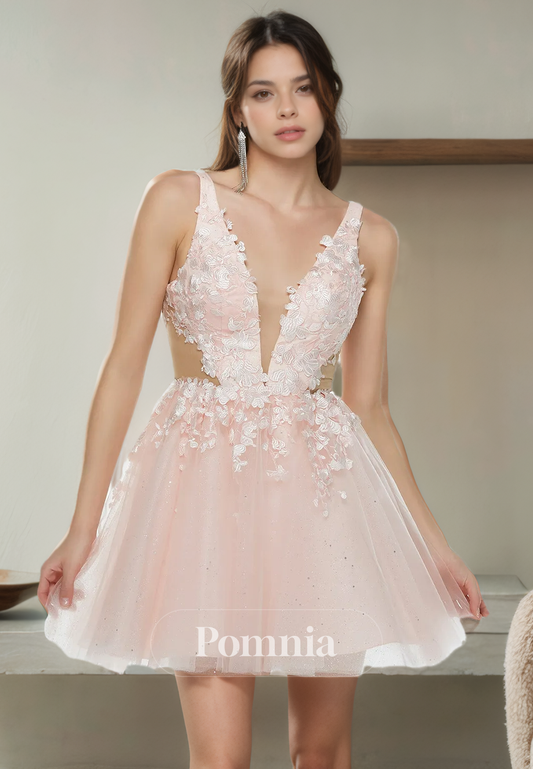 A-Line Empire-Waist Sleeveless Appliques Tulle Short Homecoming Dress