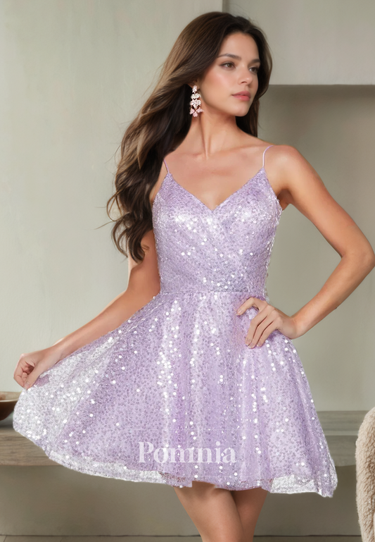 A-Line Spaghetti Straps V-Neck Sequined Sleeveless Short Homecoming Dress