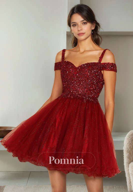 A-Line Spaghetti Straps Sweetheart Empire-Waist Tulle Short Homecoming Dress