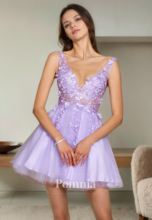 A-Line Empire-Waist Sleeveless Appliques V-Neck Short Homecoming Dress