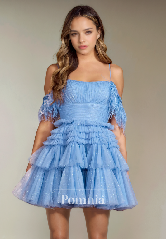 A-Line Spaghetti Straps Scoop Tiered Tulle Short Homecoming Dress