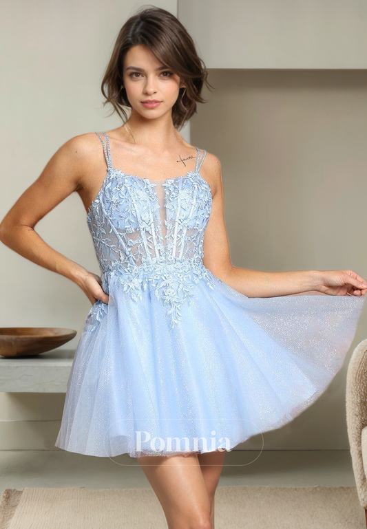 A-Line Spaghetti Straps V-Neck Appliques Empire-Waist Sleeveless Short Homecoming Dress