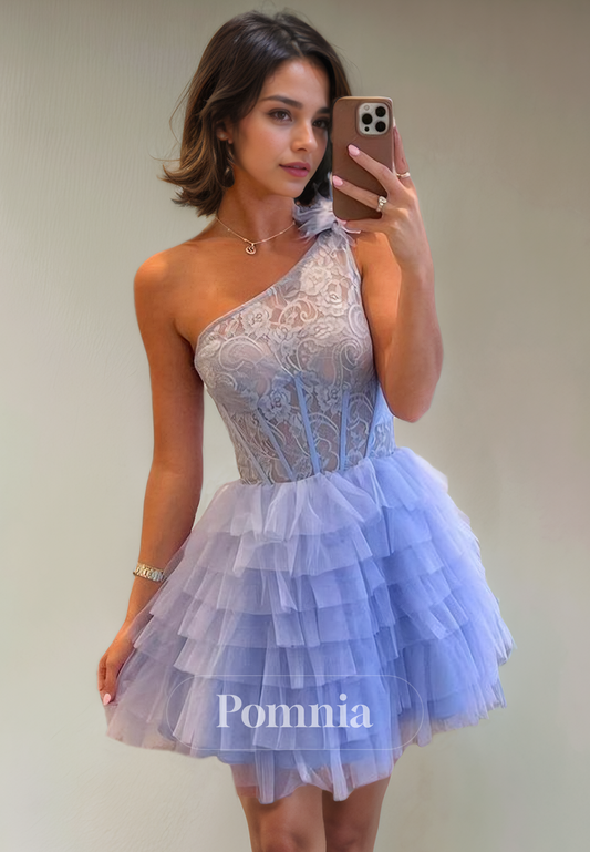 A-Line One Shoulder Tiered Tulle Sleeveless Empire-Waist Short Homecoming Dress