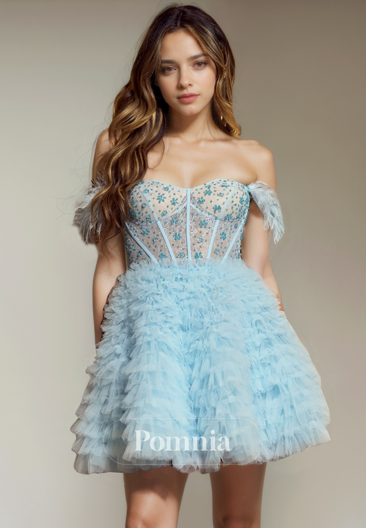 A-Line Strapless Sweetheart Tiered Tulle Empire-Waist Short Homecoming Dress